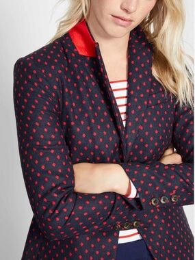 Boden British Tweed Navy Blazer with Red Polka Dots - 6